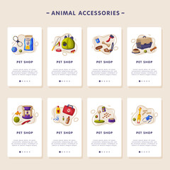 Animal Accessories Mobile App Onboarding Screens, Pet Shop, Food, Toys, Products for Care Webpages Cartoon Vector Illustration
