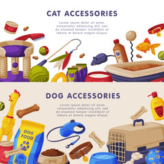 Cat and Dog Accessories Banner Templates Set, Pet Shop Products Poster, Flyer, Brochure Cartoon Vector Illustration