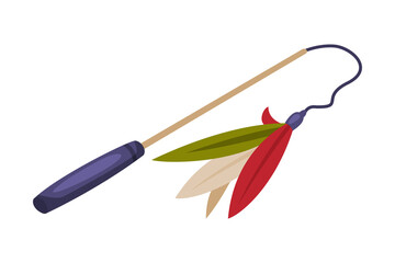 Stick with Colored Feathers Toy for Cats, Pet Stuff Cartoon Style Vector Illustration on White Background