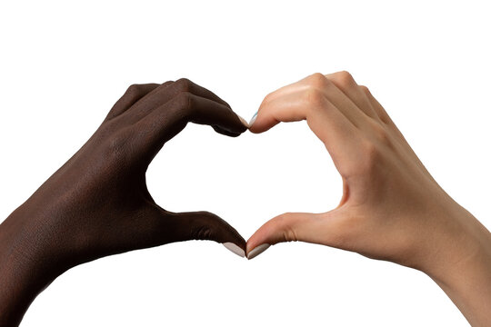 Black and white hands in the form of heart isolated on white background. Interracial friendship stop racism concept