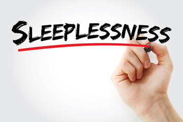 Sleeplessness text with marker, medical concept background