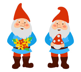 Cute garden gnomes in red cups. Isolated on white background. Vector illustration.