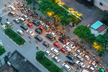 Aerial view of Hanoi traffic at Nguyen Chi Thanh street at rush hour in 2020