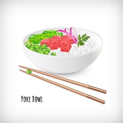 White round poke bowl with tuna fish cubes, rice, onion rings, green peas, seaweed, parsley, wooden food chopsticks on white background. Lettering Poke Bowl.