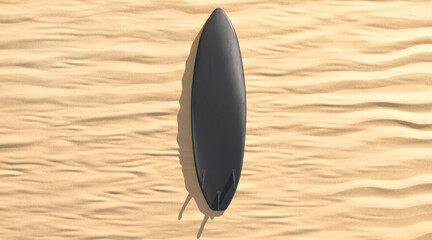 Blank black surfboard with fins lying on sand mock up