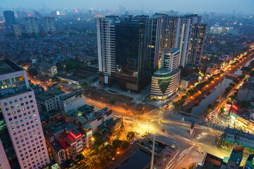Cityscape of Hanoi skyline at Minh Khai - Kim Nguu street, Hai Ba Trung district during sunset time in Hanoi city, Vietnam in 2020