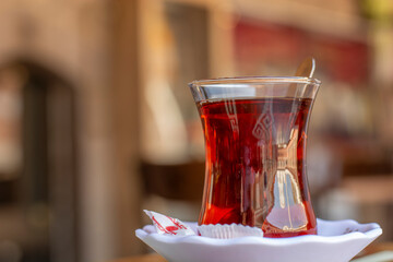 Turkish hot tea in a glass brew in a historical place