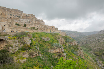 Fototapeta na wymiar Matera Old Town over the ravine panorama