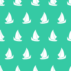 Seamless pattern. White yacht on blue background. Vector illustration.