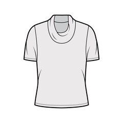 Cowl turtleneck jersey sweater technical fashion illustration with short sleeves, oversized body. Flat outwear apparel template front, grey color. Women, men unisex shirt top CAD mockup