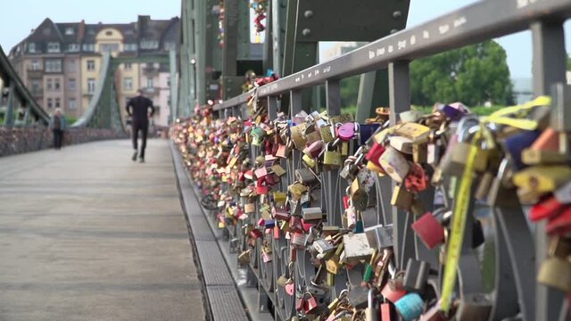Love locks at Eiserner Steg footbridge in Frankfurt am Main Germany