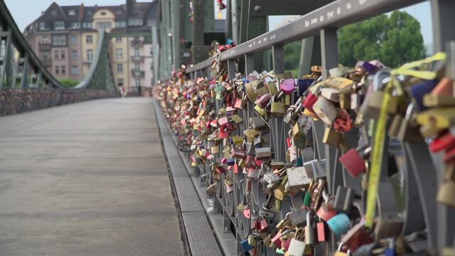 Love locks at Eiserner Steg footbridge in Frankfurt am Main Germany