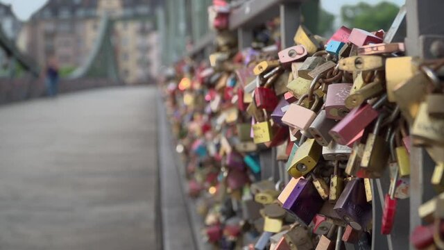 Love locks at Eiserner Steg footbridge in Frankfurt am Main Germany