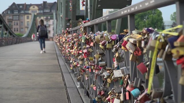 Love locks at Eiserner Steg footbridge in Frankfurt am Main Germany