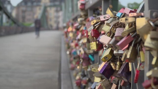 Love locks at Eiserner Steg footbridge in Frankfurt am Main Germany