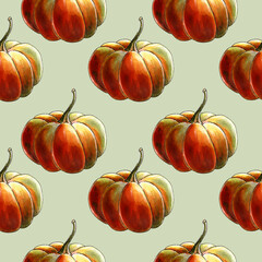 Seamless pattern with pumkins on blue background. Hand draw illustration.