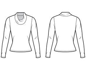 Cowl turtleneck jersey sweater technical fashion illustration with long sleeves, close-fitting shape. Flat outwear apparel template front, back white color. Women, men, unisex shirt top CAD mockup