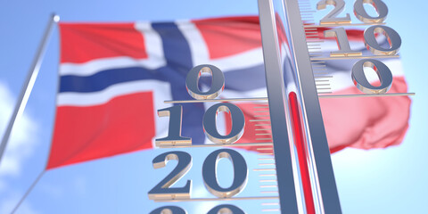 Thermometer shows 0 zero air temperature near waving flag of Norway. Weather forecast conceptual 3D rendering