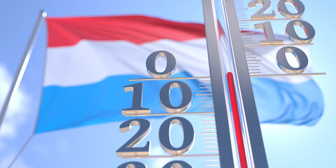 Thermometer shows 0 zero air temperature near flying flag of Luxembourg. Weather forecast conceptual 3D rendering