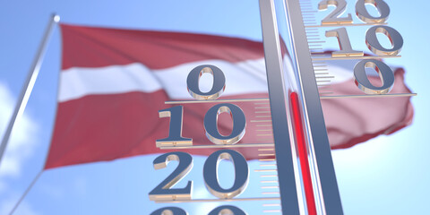 Thermometer shows 0 zero air temperature near waving flag of Latvia. Weather forecast conceptual 3D rendering