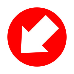 arrow pointing left down in circle red for icon flat isolated on white, circle with arrow for button interface app, arrow sign of next or download upload concept, arrow simple symbol for direction