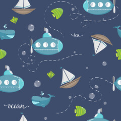 seamless pattern for children in a marine style. poster for design. children's drawings for fabric. submarine, whale, sailboat. on a dark background