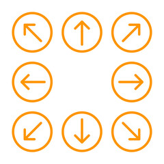 arrow line circle orange set for direction arrow pointer, arrows in circular strokes, arrows button simple, line arrow symbol in circle for ui app, circular arrowhead symbol for button interface