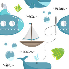 seamless pattern on the marine theme on a white background. ship, fish and submarine. print for baby fabric. poster for design.