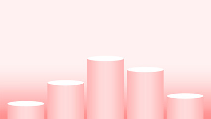 Fototapeta premium pedestal cylinder circle five steps for cosmetics showcase, podium circle stage red pink soft pastel color, platform 5 steps and advertising copy space, podium round five layers of product display