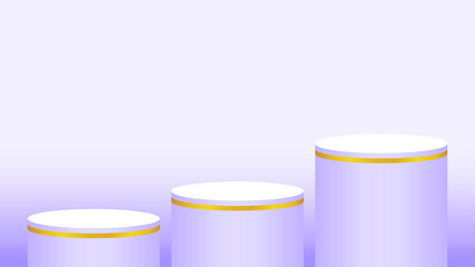 purple pedestal cylinder circle 3 steps for cosmetics showcase, podium circle stage purple pastel soft color, platform steps for advertising, podium round three layers of product display, copy space