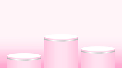 pink pedestal cylinder circle 3 steps for cosmetics showcase, podium circle stage pink pastel soft color, platform three steps for advertising copy space, podium round for make-up product display
