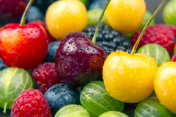 Naklejka na ściany i meble lots of fresh different berries. useful vitamin healthy food fruit. healthy vegetable breakfast