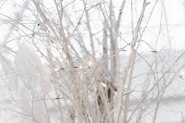 Decorative white branches with lights garlands for the new year. Christmas holiday background.
