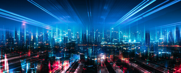Fototapeta Smart Network and Connection city of Bangkok Thailand at night obraz