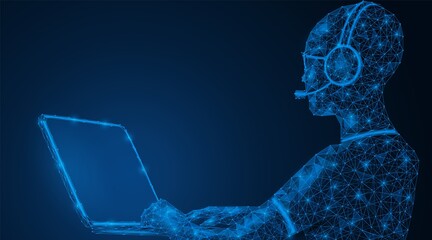 A person works on a laptop. Social remote employment. Software and computer graphics development. Polygonal design. Blue background.