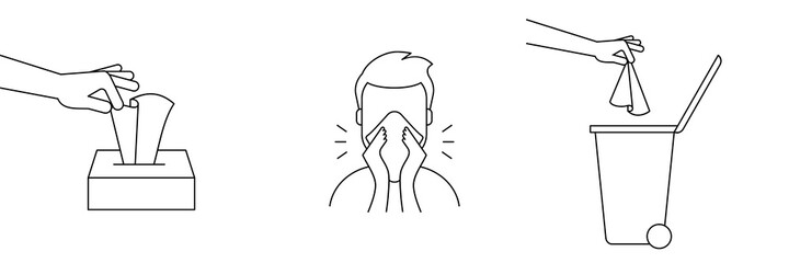 How to dispose of used tissues. Tissue box. Man with runny nose. Hand throws away paper tissues in closed garbage bin. Coronavirus prevention. Black outline icon. Vector illustration, flat, clip art. 