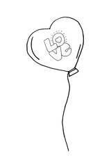 Doodle balloon in the shape of a heart with the inscription love for romantic cards, invitations, stickers. Vector illustration isolated from background