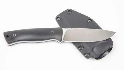 knife for camping and hunting in a plastic case on a white background. cutting tool. isolated object