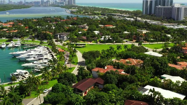 Upscale neighborhood Bal Harbour Miami Beach FL shot with aerial drone