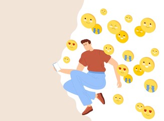 The guy uses a smartphone from the screen of which emoji are flying.
