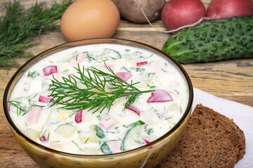 Okroshka with kefir. Traditional Russian summer cold soup