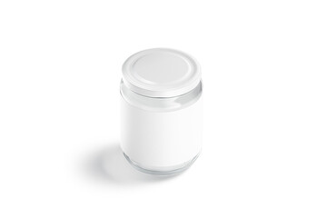 Blank glass jar with white label and cap mockup, isolated