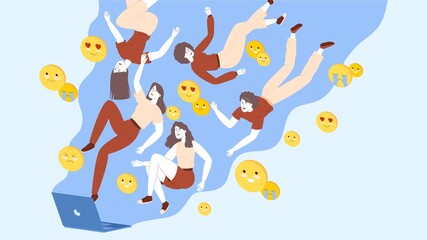  The concept of a smm banner. Emoji and target audience are flying out of the laptop screen.
Social media influencer concept. Flat cartoon vector illustration.