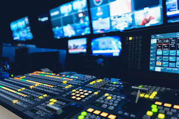 video switch of Television Broadcast, working with video and audio mixer, control broadcasts in recording studio. - obrazy, fototapety, plakaty