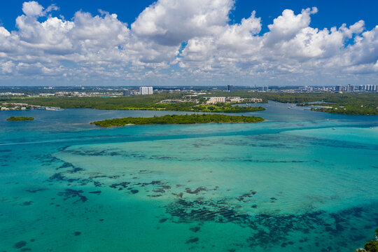 Aerial photo shallow water Biscayne Bay Miami FL beautiful vibrant colors