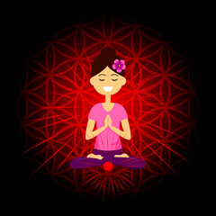 Cartoon character smiling woman is sitting in lotus position with namaste hands. Muladhara chakra activation. Vector illustration.