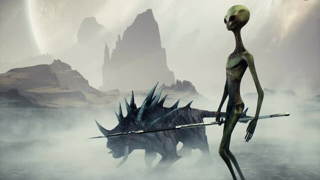 An alien and his amazing hunting animal go hunting. Landscape of a creepy alien planet in a lost space. Animation for fantasy, science fiction, or space backgrounds.