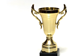 Cheap universal loving cup trophy made of plastic with golden coating isolated