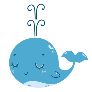 Flat illustration of cute cartoon blue whale with fountain. Color illustration of a whale in doodle style.