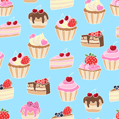 Seamless pattern with sweet cupcakes and cakes on a blue background